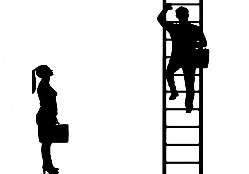"Silhouette vector of workers, a man climbs the career ladder instead of a woman. The concept of gender inequality and discrimination against women in their careers