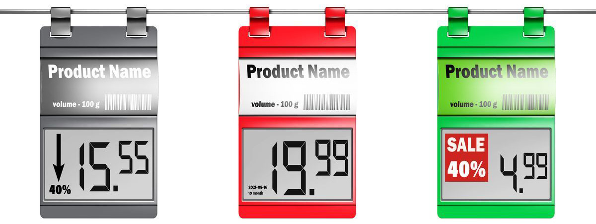 Electronic shelf labels. E-paper displays with paper label holders for supermarket price tags. Color set. Easy to recolor.
