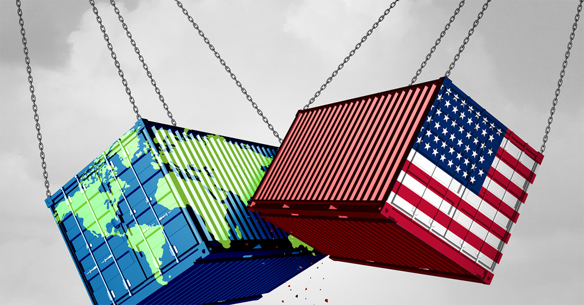 Conceptual image of trade war: Two cargo containers collide middair, one with US flag and the other with picture of the globe