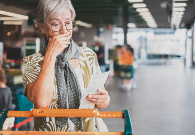 Senior woman in the supermarket checks her grocery receipt looking worried about rising costs - elderly lady pushing shopping cart, consumerism concept, rising prices, inflationcredit: lucigerma/iStock